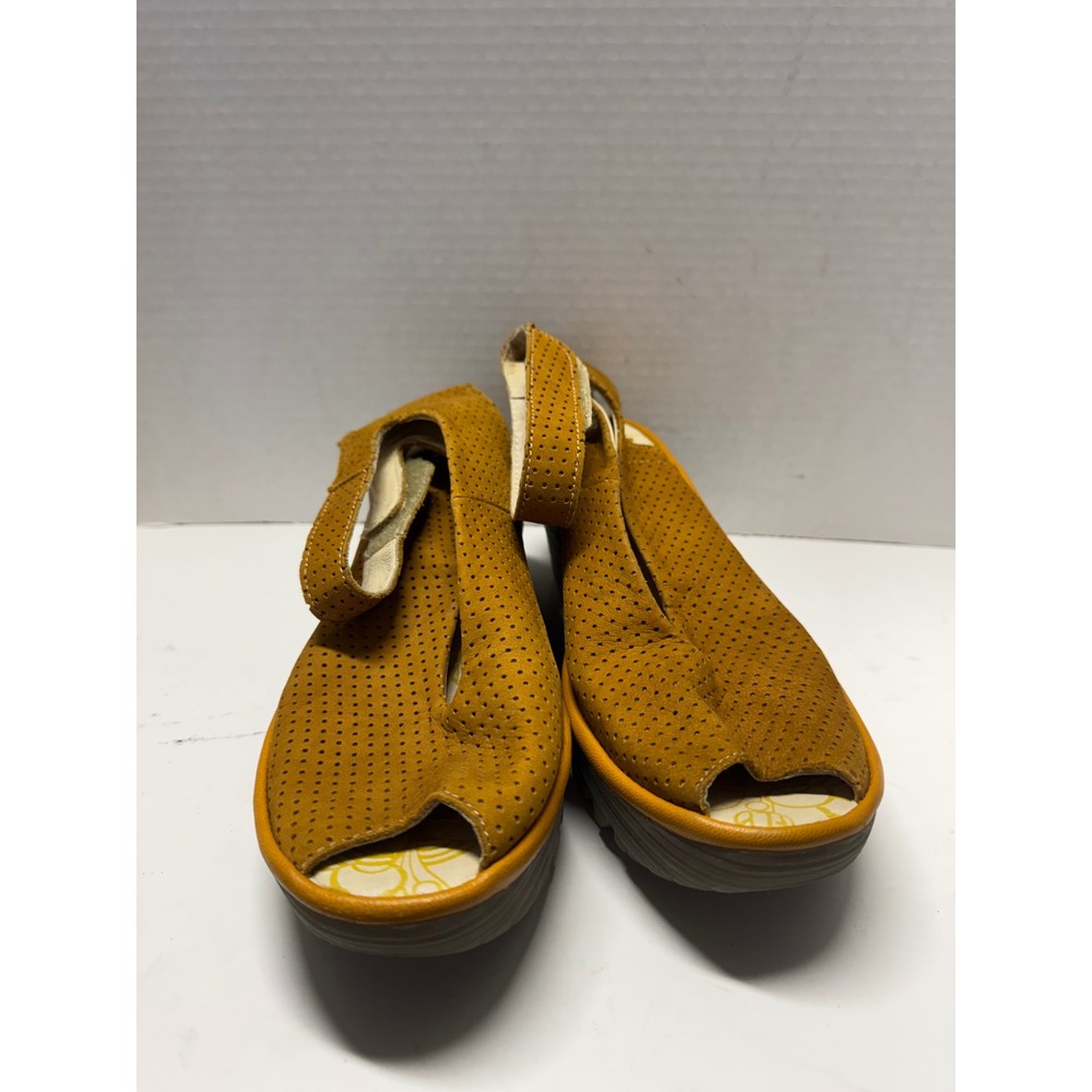 Fly London Yala Mustard Yellow Perforated Leather Wedge Sandals Size 40 9.5